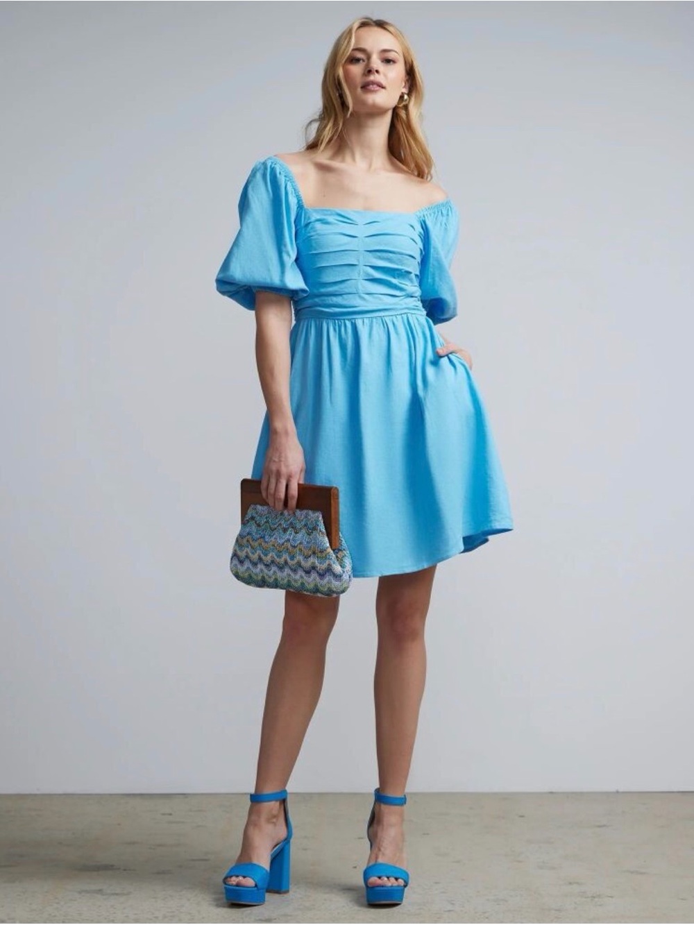 New York & Company Bright Blue Puff-Sleeve Mini Dress with side pockets